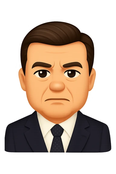 Create an iPhone emoji style portrait of a person closely resembling the face in the reference photo. The person is wearing a formal suit and has a serious expression. The background should be removed (no background). sticker