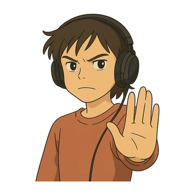 ghibli style person in headphones showing a refusal sign sticker