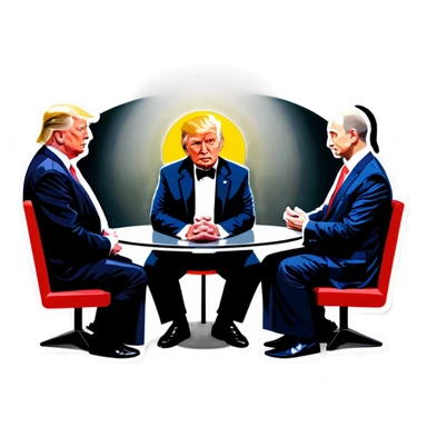 Jesus, Buddha, Musk, Bezos, and Trump in a meeting sticker