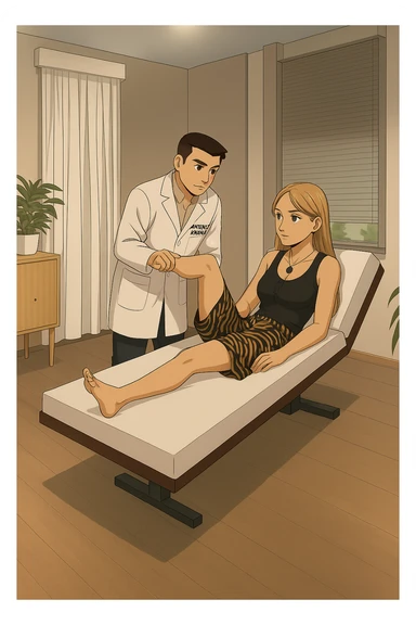 fai un webtoon/manga a colori con questo kinesiologo in camice bianco (fagli la scritta "ANTONIO ANANIA" SUL CAMICE) CHE SVOLGE UN TEST NEUROMUSCOLARE SOLLEVANDO UNA GAMBA ALLA RAGAZZA CHE è STESA SU UN LETTINO BIANCO. STANZA SEMPLICE E MODERNA, DURANTE IL TEST I DUE DIALOGANO TRA LORO. NON FARE I FUMETTI, FAI SOLO LORO COME SE DIALOGASSERO sticker