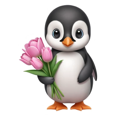 Cute baby penguin holding flower bouquet wraped in white paper and all flowers tulips in pink colour sticker