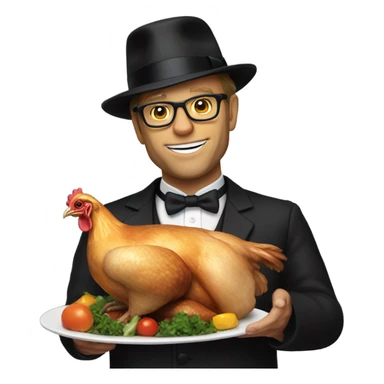 Alton brown hokding roasted chicken with black bowler hat sticker