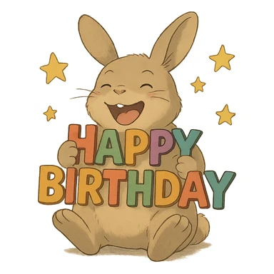 laughing bunny hugging 'Happy Birthday' letters with stars, full body, soft Ghibli style sticker