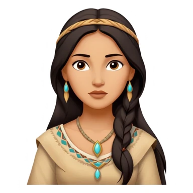 Cinematic Serene Pocahontas Portrait Emoji, rendered in a realistic, simplified vector style. Depict a gentle Pocahontas (chest and above) with warm, glowing skin, loosely flowing dark hair, and a calm, reflective expression, wearing modest traditional attire in earthy hues. The image is bathed in a soft, inviting glow with high shine and a soft glowing outline. sticker