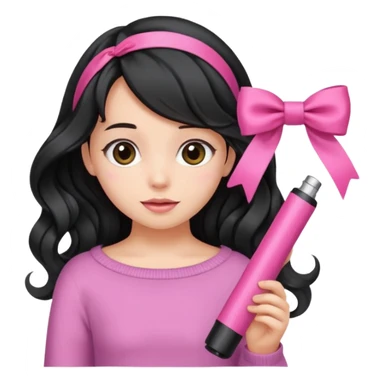 Girl with black wavy not so long hair and a ribbon hair clip make it look like wearing a pink tube sticker