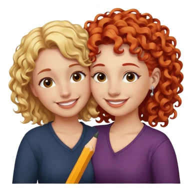A woman with pencil straight, blonde hair and a nose piercing and a woman with curly red hair and a nose piercing are hugging and smiling together. sticker