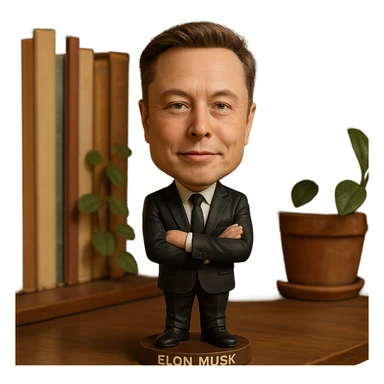 realistic features bobblehead of Elon Musk wearing a suit and tie sticker