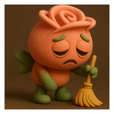 Change the hand color to green, keeping everything else the same. Maintain the claymation style, soft pink rose flower character with droopy eyes, exhausted face, slumped posture, and tiny broom. sticker