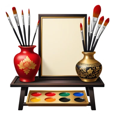 Chinese metal painting icon, delicate Chinese patterns painted on a metal vase, visible fine paintbrush, paint pots, and accessories like porcelain palette and cloth, vibrant colors like red, gold, and black, minimalistic style, clean lines, transparent background. sticker