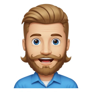 25 year old man, manicured beard, moustache and flavor savor, brown puffy mullet, blue eyes, big smile, white teeth, big lips, pronounced jaw sticker