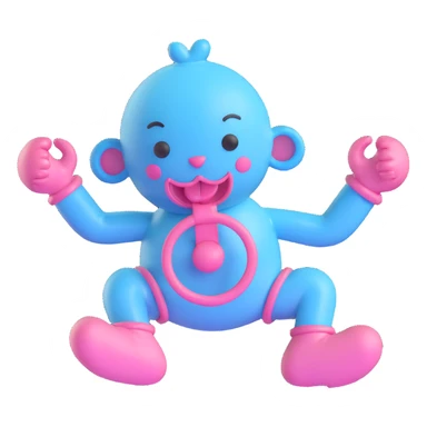 3D cartoon pacifier with arms and legs, mostly baby blue with pink accents, mischievous face sticker