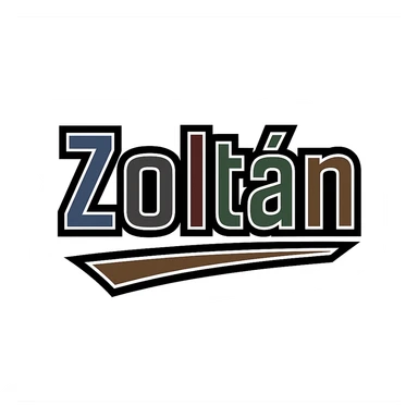 Zoltán name in masculine, modern, gradient font with precise Hungarian characters, dark outline, extra thick, prominent white border as in reference images, dynamic slanted underline, masculine color shades (blue, gray, burgundy, green, brown), 1000x1000 px, PNG, transparent background sticker