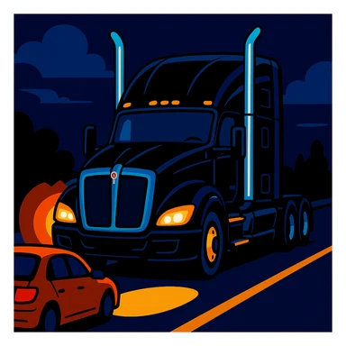 2026 Black Kenworth T680 Sleeper semi truck with tall chrome muffler stacks, headlights on, driving down a road with a car in front, stylized illustration, night scene sticker
