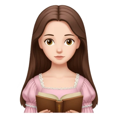  white long brunette hair girl with hazel eyes in light pink reading Pride and Prejudice sticker