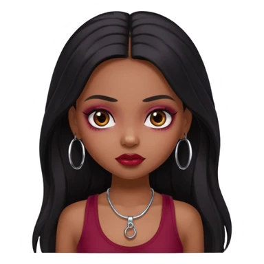 a pretty bratz girl with long black hair, kajal under eyes, small silver hoop. Dark cherry red tank top on.  sticker