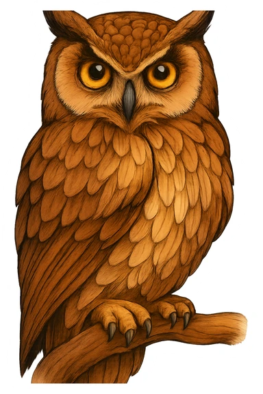 Paint the owl from the reference image in a drawn style with clear fills, detailed shadows and highlights, natural brown and beige tones, and expressive yellow eyes. Use simple contours and create volume through shadows and highlights, avoiding realism but keeping a hand-drawn look. sticker