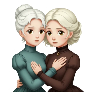 two Victorian women with light eyes, one with bright white coiffed hair and one with dark copper coiffed hair, wearing Victorian turtleneck dresses, embracing in a sad, intimate hug sticker