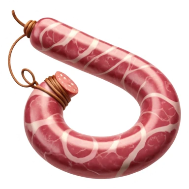 raw Toulouse sausage coiled in a loose open spiral, thick pale pink with fine marbling, smooth natural casing, one visible end tucked toward center, slight gloss, rustic handmade appearance, soft lighting, subtle shadows, emoji scale sticker