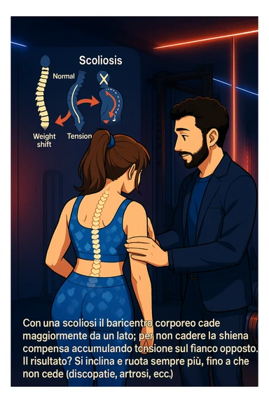 ispirati a questo stile di disegno e fai questa immagine in versione manga/webtoon a colori, il manga mostra la donna di spalle, mentre l'uomo le tocca la spina dorsale per spiegarle come funziona la scoliosi:
Con una scoliosi il baricentro corporeo cade maggiormente da un lato; per non cadere la schiena compensa accumulando tensione sul fianco opposto.
Il risultato? Si inclina e ruota sempre più, fino a che non cede (discopatie, artrosi, ecc) sticker