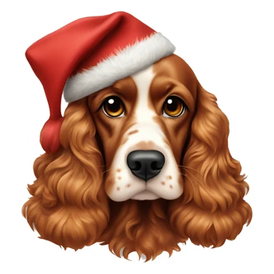 A full-length, adult, red cocker spaniel in a New Year's cap, siting sticker