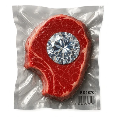 meat steak with sparkling diamond facets, glossy and puffy, vacuum-sealed style sticker