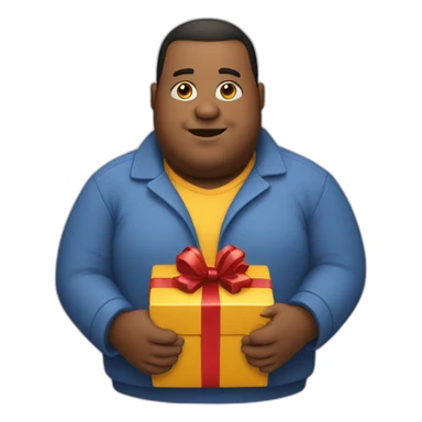 Fat man holding a gift sticker