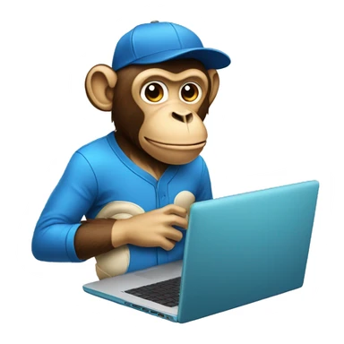 monkey dressing a baseball cap forward and a laptop sticker