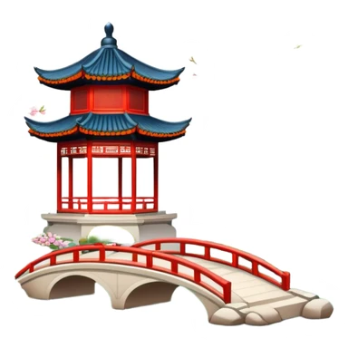 Suzhou garden with spring blossoms and pavilion by pond, simplified emoji style with bold outlines and bright colors, cartoon style traditional Chinese garden sticker