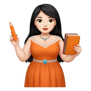  plus-size White woman is wearing makeup. She has long, straight, waist-length black hair and is wearing a full-body orange dress with rhinestones and lace. Her nails are painted orange. She is holding a book in one hand and a crayon in the other. A chalkboard is behind her. sticker