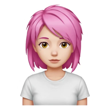 a woman with layered pink hair, wearing white t-shirt sticker