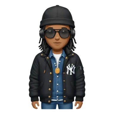 African American man with shoulder length black dreadlocks and black sunglasses wearing a black New York Yankees baseball hat wearing a black bubble winter coat with denim skinny jeans and timberland boots wearing headphones sticker