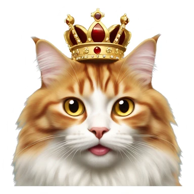 red and white Siberian cat with amber eyes in a crown shows tongue sticker