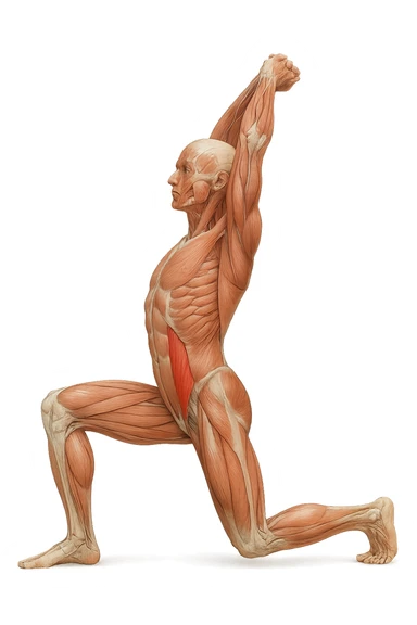 corpo umano anatomico realistico che fa stretching allungando il muscolo PSOAS, isolato su sfondo bianco sticker