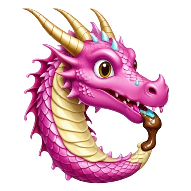 A shiny, glittery dragon in pink tones eats vanilla and chocolate ice cream sticker