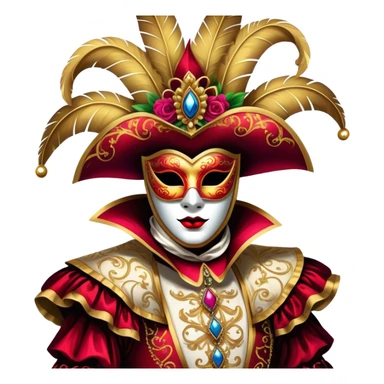 Venice Carnival performer – Cinematic Realistic Venice Carnival Performer, depicted in an opulent, elaborately masked costume with rich textures, vibrant colors, and dramatic, soft lighting, set against the historic backdrop of Venetian canals, capturing the mystery and extravagance of the carnival. sticker
