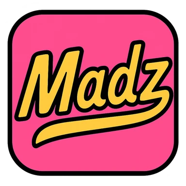 pink logo with the word 'Madz', modern bold style, square format sticker