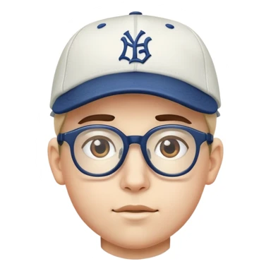 boy with glasses and baseball cap sticker