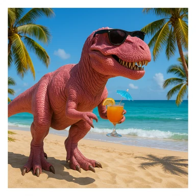 pink t-rex on vacation, realistic style, detailed and lifelike sticker