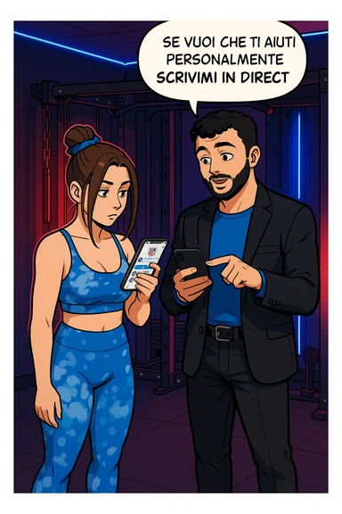 TRASFORMA QUESTO CAROSELLO IN UN FUMETTO STILE WEBTOON/MANGA A COLORI CON QUESTE DUE PERSONE IDENTICHE CHE INTERLOQUISCONO TRA LORO, L'UOMO MOSTRA UNO SMARTPHONE ALLA DONNA INDICANDOLO, E ANCHE LA DONNA HA LO SMARTPHONE IN MANO PER ANDARE A SEGUIRE IL SUO PROFILO INSTAGRAM:

LUI (UOMO): Se vuoi che ti aiuti personalmente
SCRIVIMI IN DIRECT sticker