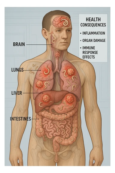 a semi-transparent view of a man’s body reveals numerous parasitic organisms inside his organs and tissues. Some areas are highlighted with red or inflamed zones, and small tumor-like masses are visible where the parasites cluster. The background is clinical and educational, with labels pointing to affected organs and a sidebar showing the health consequences. sticker