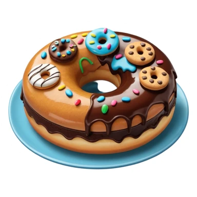 Monster donut with chocolate icing, there are drawn cookies and beautiful icing drawings on a white plate good quality sticker