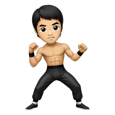 Cinematic Realistic Bruce Lee Pop Culture Emoji, featuring a dynamic portrayal of the legendary martial artist rendered with crisp detail and energetic lighting. sticker