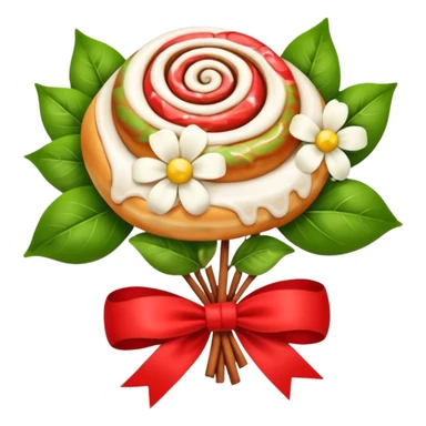 A cinnamon roll , white flowers bouquet with red ribbon and cute white bow sticker
