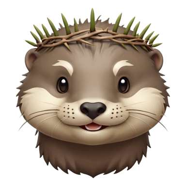 really cute smiling joyful otter face in three-quarter profile view with simple thorny stem wrapped horizontally around its forehead like Jesus Christ's Crown of thorns, no crown shape on top, just thin spiky branches circling the forehead sticker