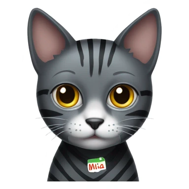dark grey cat with stripes with a sign that says MIA  sticker