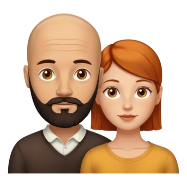 Couple. Bald man with dark brown-black beard. White woman with many small, faded freckles, white skin and she has auburn-yellow-brown-caramel, dark hair. She has light orange-brown eyes. The man have hazel eyes. Retro style. sticker