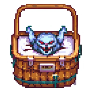 a pixel art style picnic basket mimic with a small basket, lid open showing sharp teeth inside, glowing red eyes, retro video game monster sticker