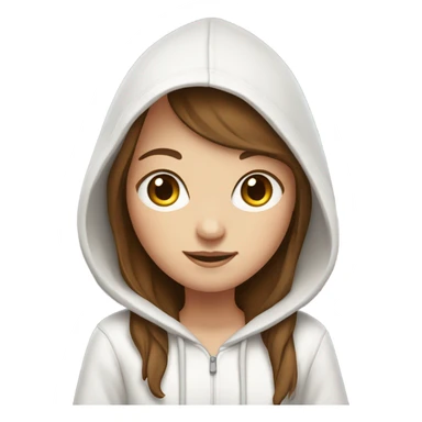 white girl with straight long brown hair and bangs, wearing a white hoodie, holding a laptop in her hands sticker