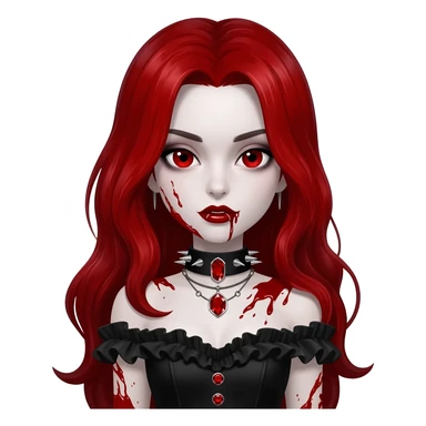 Shiny beautiful cute cool gorgeous attractive gothic vampiric lady with bloody hair, bloody lips, bloody face, blood-choker, spiked collar, frills, black dress, red rubies  sticker