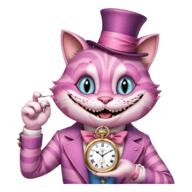 Cheesier cat from Alice in wonderland pointing at a pocket watch wearing a hat sticker